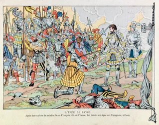 Jacques Marie Gaston Onfray de Breville dit JOB (1858 - 1931); illustrated from the book "Les epees de France":2月24日、パヴィアの敗北後、スペイン人に剣を返すフランソワ第一王