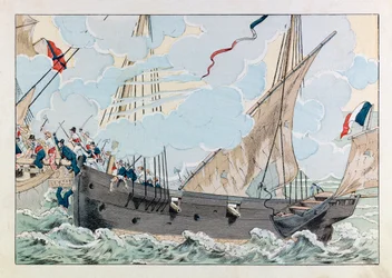 Jacques Marie Gaston Onfray de Breville dit JOB (1858 - 1931); Illustrated from the Book "Les epees de France":Robert Surcouf (1773-1827)の船 "La Coquette "がイギリスの船 "Queen Mary "を攻撃する；Coll, Part