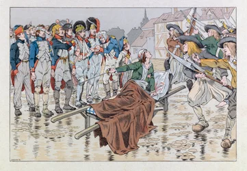 Jacques Marie Gaston Onfray de Breville dit JOB (1858 - 1931); "Les epees de France "の挿絵。1793年のショレの戦いで瀕死の重傷を負ったボンシャン侯爵が、共和党員の捕虜をシュアンの手から救った; Coll, Par