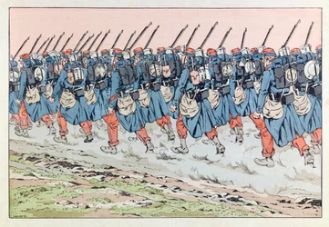 Jacques Marie Gaston Onfray de Breville dit JOB (1858 - 1931); "Les epees de France" の挿絵: Les poilus de 14 en route pour le front; Coll, Part.