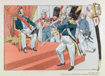 Jacques Marie Gaston Onfray de Breville dit JOB (1858 - 1931); イラストは書籍「Les epees de France」から引用。王座に就くルイ・フィリップ（1773-1850）（国民衛兵の記章を受け取るアンリ・モニエ「このサーベルは最も美しいものです。