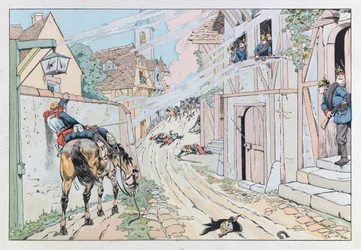 Jacques Marie Gaston Onfray de Breville dit JOB (1858 - 1931); イラストは "Les epees de France "から引用。1870年のプロイセン戦争のエピソード、モルスブロンの村で第9キュイラッシェが行った攻撃、コル、パート