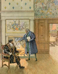 Jacques Marie Gaston Onfroy de Breville dit JOB (1858-1931) - ベルギーの歴史。アントワープ市の大商人や金融業者を訪問する皇帝シャルル5世（1500年～1558年）、個人蔵