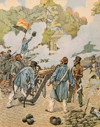 Jacques Marie Gaston Onfroy de Breville dit JOB (1858-1931) - ベルギーの歴史。ジャン・ジョセフ・シャルリエ（1794 - 1866）は、1830年9月にブリュッセルの公園に集結したオランダ軍に対し、木製の脚がその砲弾を指していると言い、二等兵のコル
