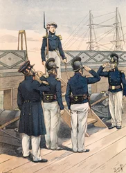 Jacques Marie Gaston Onfroy de Breville dit JOB (1858-1931) - フランス軍の常時着用の服装。フランス海軍、士官と水兵（1827年）、個人蔵