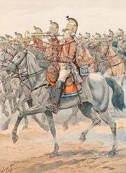 Jacques Marie Gaston Onfroy de Breville dit JOB (1858-1931) - フランス軍の常時着用の衣装。オルレアン連隊のトランペット-ドラゴン（1781年）、個人蔵