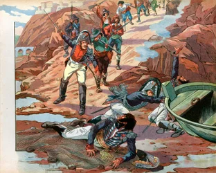 1815年、カラブリアのピッツォで敵対する群衆に捕らえられたナポリのデチュ王、ヨアヒム・ムラット（1767-1815）。ジャック・マリー・ガストン・オンフレー・ド・ブレヴィル・ディット・ジョブ（1858-1931）によるエングレーヴィング