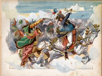 ジョアシャン・ミュラ（1767-1815年）、1799年のアブキールの戦い、エジプト遠征中。顎を撃たれた後、ムスタファ・パシャ将軍を捕らえ、戦闘後に師団将軍に任命された。ジャック・マリー・ガストン・オンフレ・ド・ブレヴィルによる版画