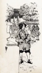 ソレイユ王と呼ばれるフランス国王ルイ14世（1638-1715）と廷臣たち（ヴェルサイユの庭園にて）。"Les grands mots historiques du pays de France "という本のためのジョブ（ジャック・マリー・ガストン・オンフレー・アンド・ブレヴィル）（Jacques-Marie）（1858-1931）の挿絵