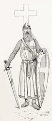 十字軍の衣装を着たルイ9世（1214-1270）の騎士。ジョブ（ジャック・マリー・ガストン・オンフレー・アンド・ブレヴィル）（Jacques-Marie）（1858-1931）のイラスト。"Les grands mots historiques du pays de France "という本のために1915年に描かれたもの。Privee Collection。