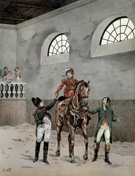 ナポレオン1世ボナパルト（1729-1821）は、オーストリアのマリー・ルイーズ（1791-1847）の乗馬レッスンを受けていた。ジョルジュ・モントルグイユの『ナポレオン』より。ジャック・マリー・ガストン・オンフレー・ド・ブレヴィル（JOB）（1858-1931）による挿絵