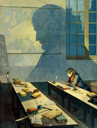 ナポレオン1世ボナパルト（1769-1821）がブリエンヌ王立軍事学校（オーブ、シャンパーニュ・アルデンヌ地方のミニームが運営する学校）で学んでいる様子。ヨーロッパの地理的な地図にその影が落ちる。イラスト：Jacques Marie Gaston Onfray de Breville dit JOB