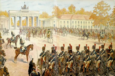 1806年10月27日、ナポレオン1世ボナパルト(1769-1821)とその軍勢がベルリンに入城した。ジョルジュ・モントルグイユの「ナポレオン」にて。ジャック・マリー・ガストン・オンフレー・ド・ブレヴィル（JOB）（1858-1931）による挿絵
