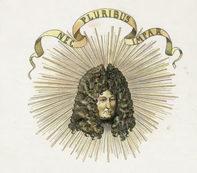 国王ルイ14世（1638-1715）の肖像とラテン語の標語「Nec pluribus impar」（他に似たものはない）。個人蔵。