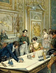 フォンテーヌブロー宮殿で、ジョゼフィーヌ・ド・ボアルネ（1763-1814）とナポレオン1世ボナパルト（1769-1821）の立ち会いのもと画家イザベイ（1767-1855）が行う、戴冠式の行列の予行演習。ジャック・マリー・ガストン・オンフレ・ド・ブレヴィルによる挿絵