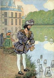 フランスの歴史をおもちゃで表現したシーン：フランス王フランソワ1世（1494-1547）がフォンテーヌブローの公園の魚にパンを与えるシーン。Joujoux a l