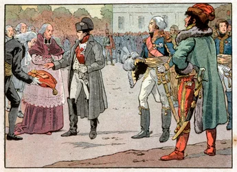 1805年11月14日、ヨアヒム・ムラット（1767-1815）の立会いのもと、ウィーンの防衛隊はナポレオン1世ボナパルト（1769-1821）に街の鍵を渡した。ジャック・マリー・ガストン・オンフレー・ド・ブレヴィル・ディット・ジョブ（1858-1931）による版画