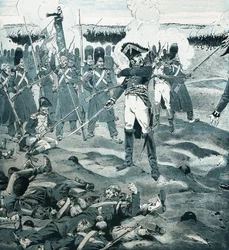 1815年6月18日のワーテルローの戦いで、敵がフランス軍に降伏を求めている間に、ガルドの最後の広場を指揮していたカンブロンヌ将軍（1770-1842）に、衛兵は死んでも反応しなかった。ジョブのイラスト（ジャック・マリー・ガストン・オンフレーとブレヴィ