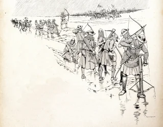 百年戦争が始まった1346年のクレシーの戦いで、フィリップ・ド・ヴァロワ（Philippe de Valois）ことフランス王フィリップ6世（1293-1350）の軍隊の弓兵が、雨で弓のロープが濡れて戦闘不能になっている。ヨブのイラスト（ジャック